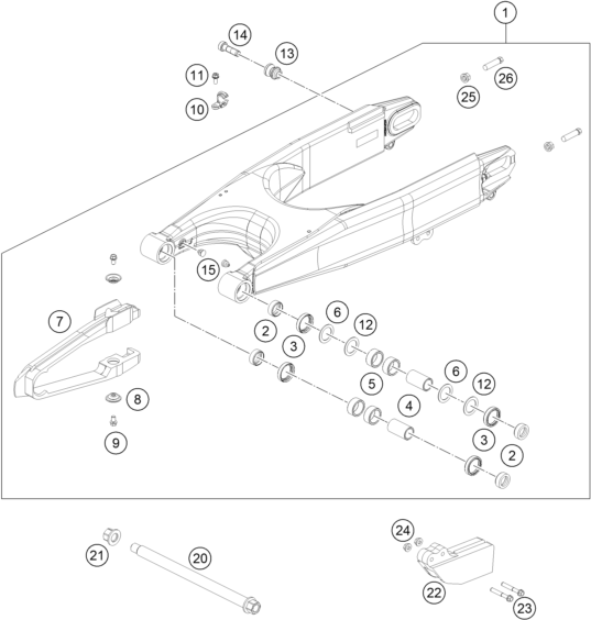 Despiece original completo de Basculante del modelo de KTM 450 RALLY FACTORY REPLICA del año 2015