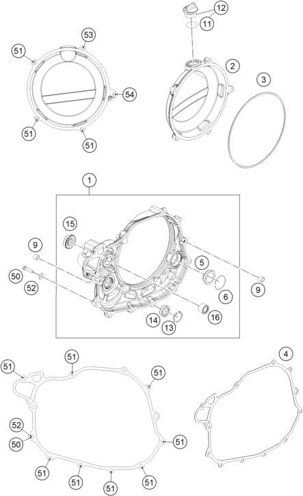 Despiece original completo de Tapa de embrague del modelo de KTM 450 RALLY FACTORY REPLICA del año 2016