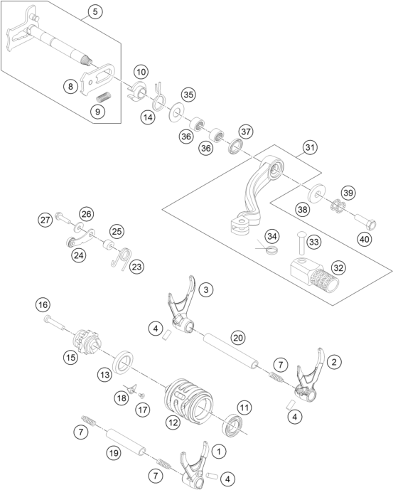 Despiece original completo de Selección de las marchas del modelo de KTM 350 EXC-F SIX DAYS del año 2015