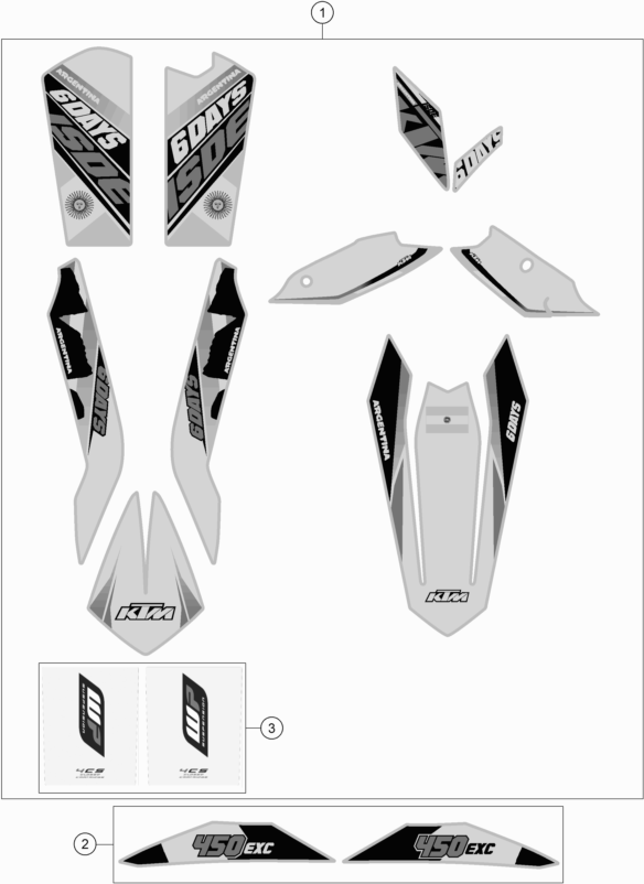 Despiece original completo de Kit gráficos del modelo de KTM 450 EXC SIX DAYS del año 2015