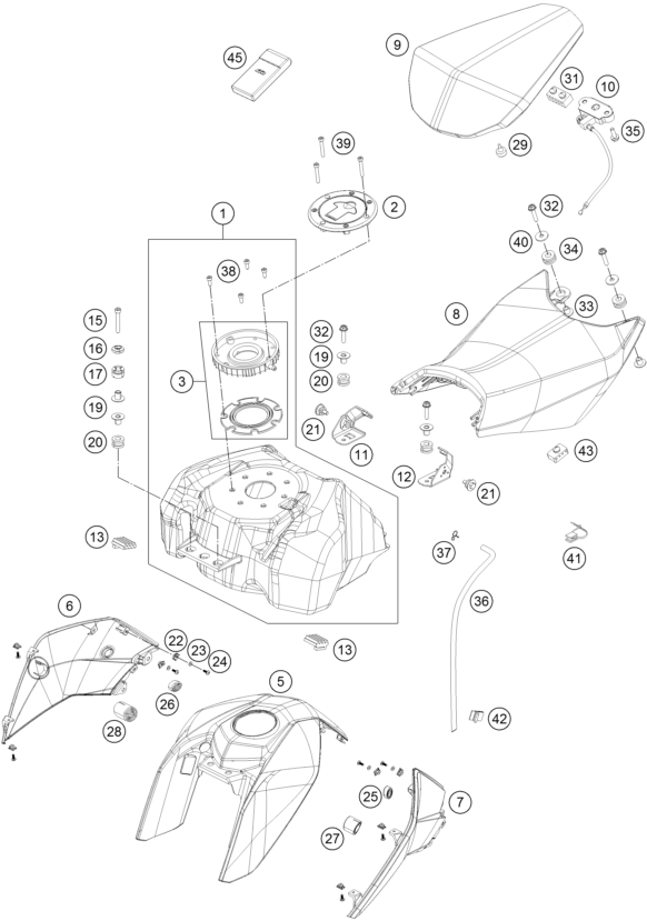 Despiece original completo de Depósito, asiento del modelo de KTM 390 DUKE WHITE ABS del año 2015
