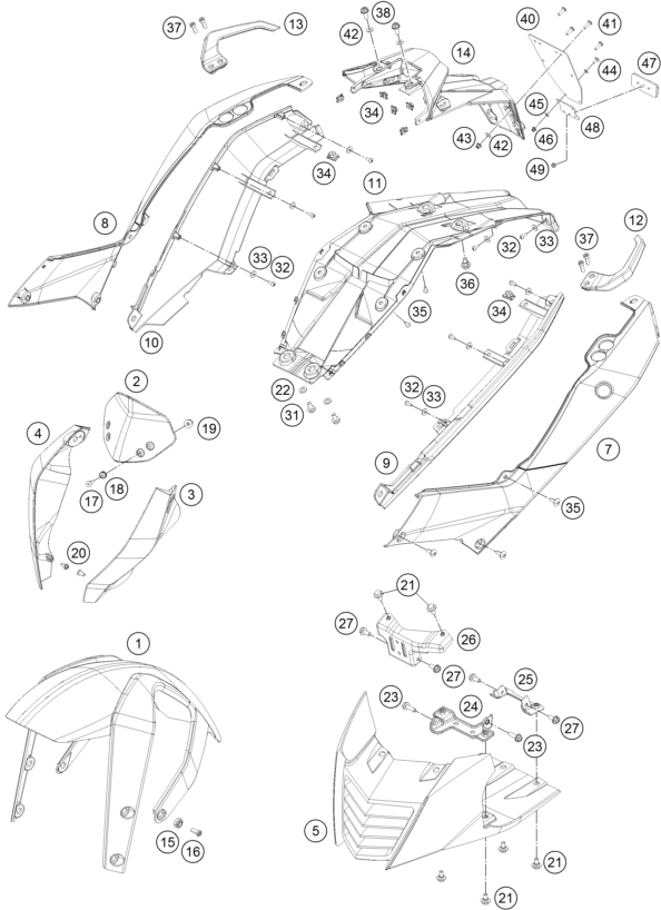 Despiece original completo de Máscara, guardabarros del modelo de KTM 390 DUKE WHITE ABS del año 2015