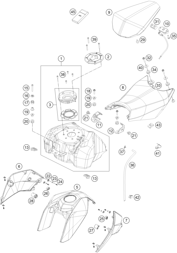 Despiece original completo de Depósito, asiento del modelo de KTM 125 DUKE ORANGE ABS del año 2015