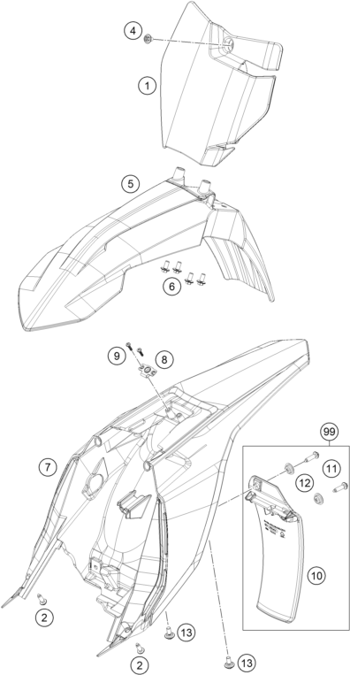 Despiece original completo de Máscara, Guardabarros del modelo de KTM 65 SX del año 2021