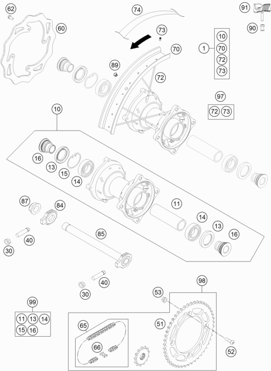 Despiece original completo de Rueda trasera del modelo de KTM 85 SX 19 16 del año 2016