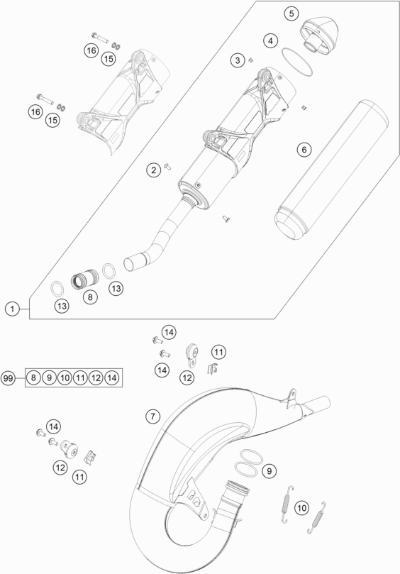 Despiece original completo de Sistema de escape del modelo de KTM 125 SX del año 2018