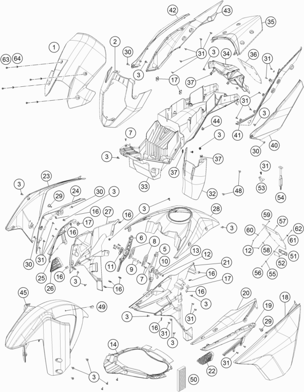 Despiece original completo de Máscara, guardabarros del modelo de KTM 1050 ADVENTURE ABS del año 2016