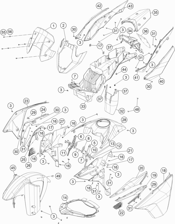 Despiece original completo de Máscara, guardabarros del modelo de KTM 1190 ADVENTURE R ABS del año 2016