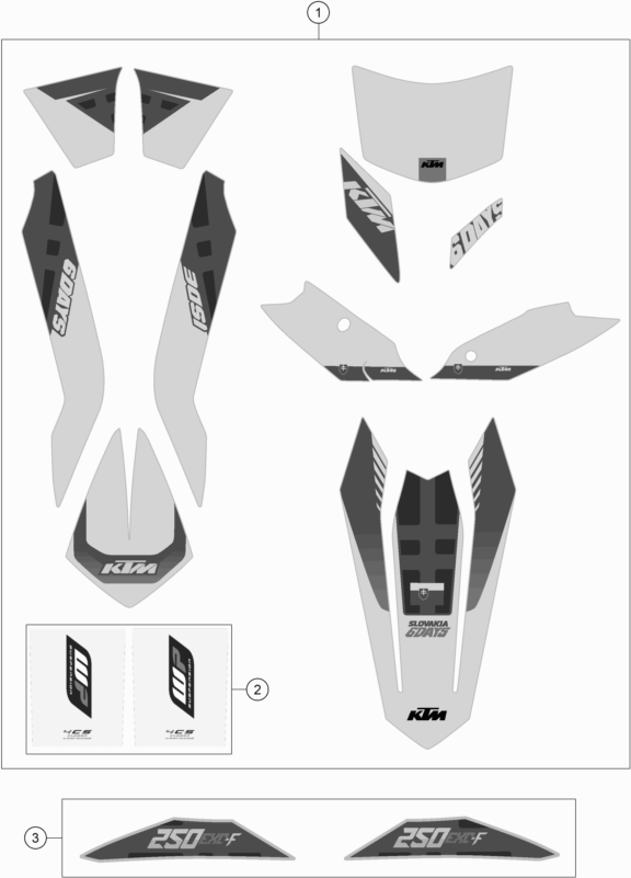 Despiece original completo de Kit gráficos del modelo de KTM 250 EXC-F SIX DAYS del año 2016