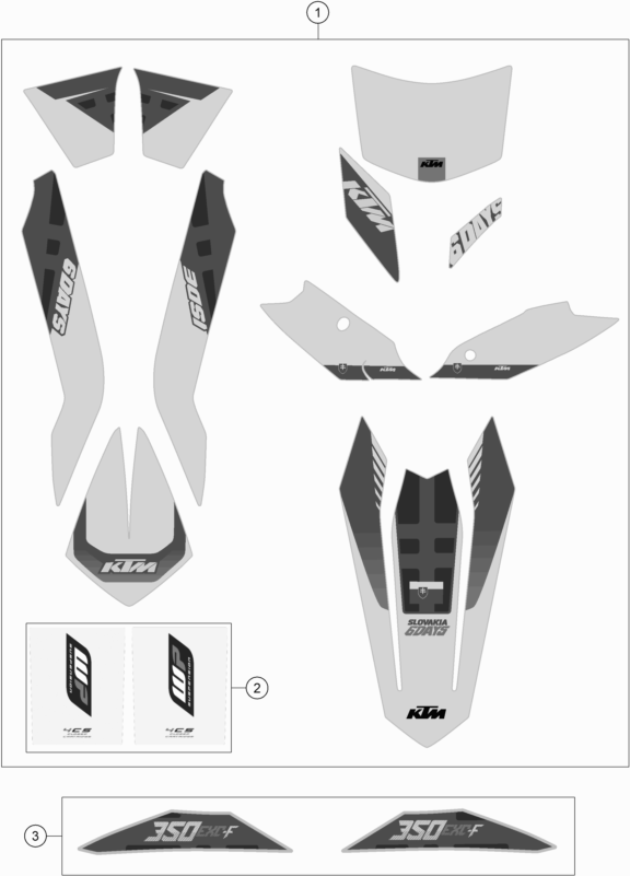 Despiece original completo de Kit gráficos del modelo de KTM 350 EXC-F SIX DAYS del año 2016