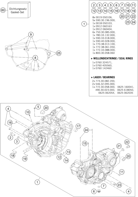 Despiece original completo de Carter del motor del modelo de KTM 250 EXC-F del año 2016