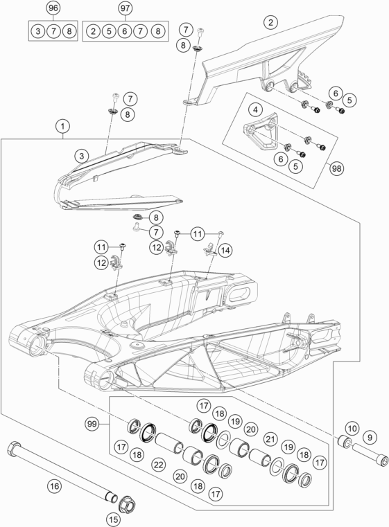 Despiece original completo de Basculante del modelo de KTM 1290 Super Adventure R TKC del año 2018