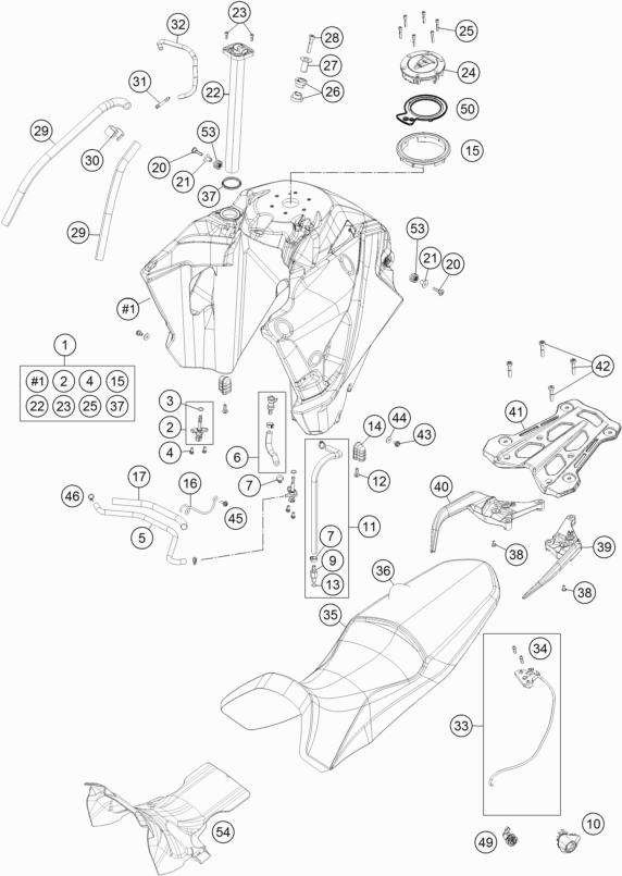 Despiece original completo de Depósito, asiento del modelo de KTM 1290 Super Adventure R TKC del año 2018