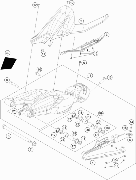 Despiece original completo de Basculante del modelo de KTM 1290 SUPERDUKE R WHITE del año 2017