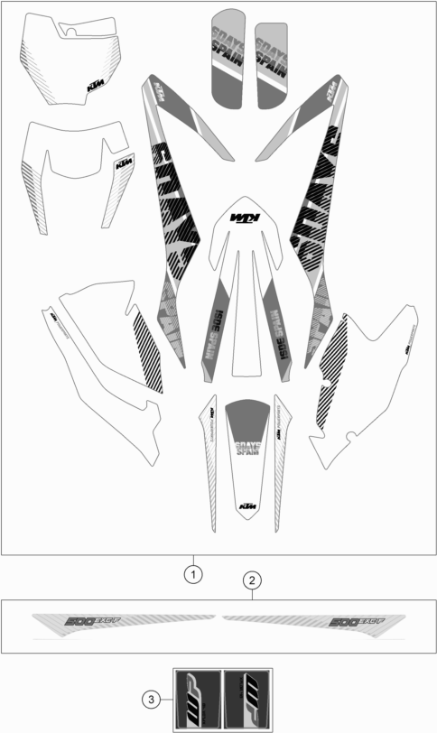 Despiece original completo de kit gráficos del modelo de KTM 500 EXC-F SIX DAYS del año 2017