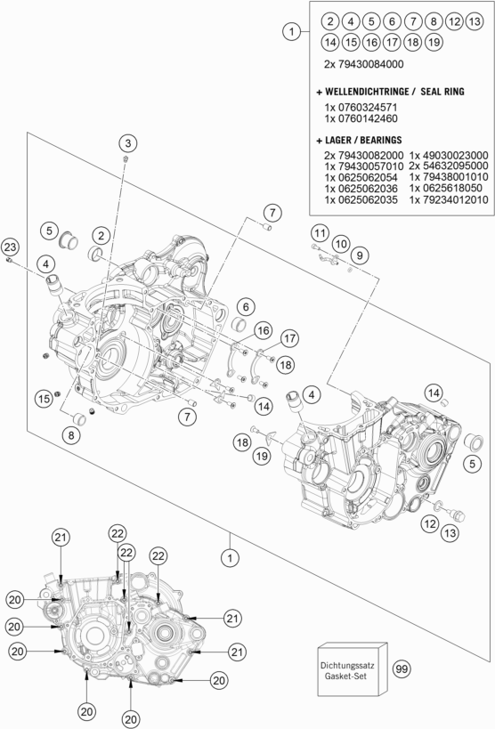 Despiece original completo de carter del motor del modelo de KTM 500 EXC-F SIX DAYS del año 2017