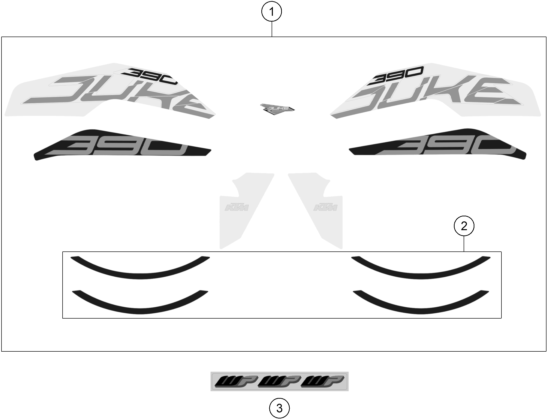 Despiece original completo de Kit gráficos del modelo de KTM 390 DUKE ORANGE del año 2017