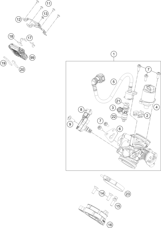 Despiece original completo de Cuerpo de la válvula de mariposa del modelo de KTM RC 125 ORANGE del año 2017