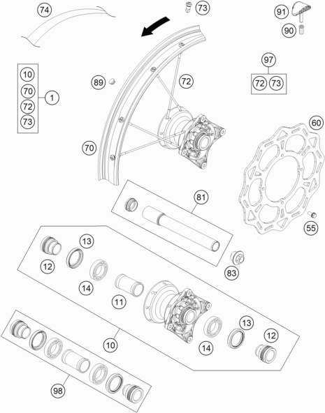 Despiece original completo de Rueda Delantera del modelo de KTM 85 SX 17/14 del año 2022