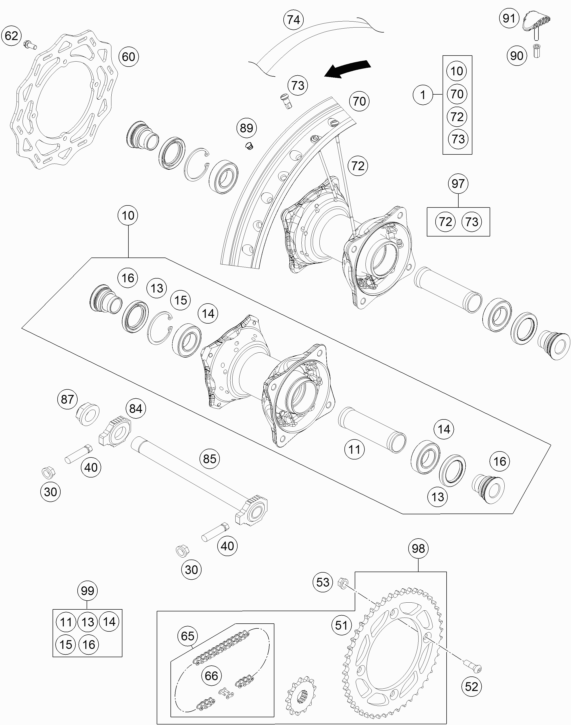 Despiece original completo de Rueda trasera del modelo de KTM  85 SX 17/14 del año 2020