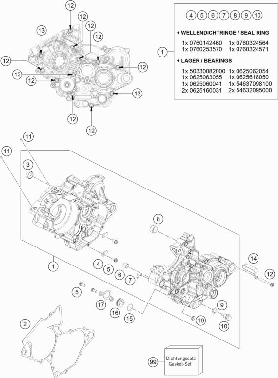 Despiece original completo de Carter del motor del modelo de KTM 125 XC-W del año 2019
