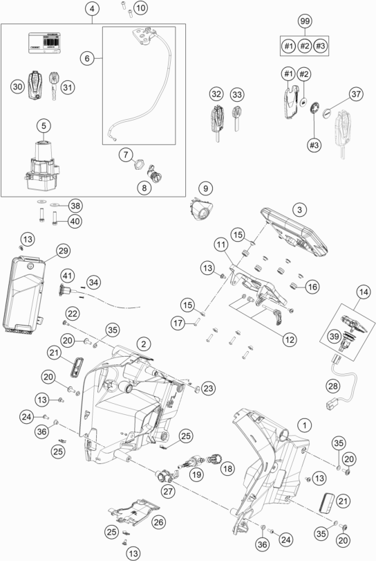 Despiece original completo de Instrumentos / sistema de cierre del modelo de KTM 1290 Super Adventure R del año 2018