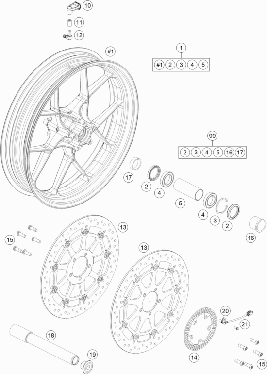 Despiece original completo de Rueda delantera del modelo de KTM 1290 Super Duke GT - Orange del año 2018