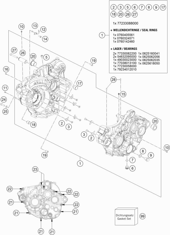 Despiece original completo de Carter del motor del modelo de KTM 250 EXC-F Six Days del año 2019