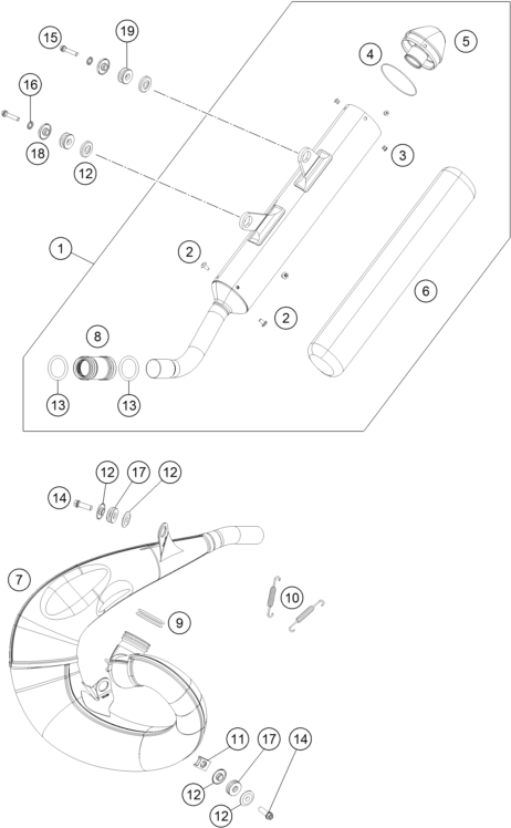 Despiece original completo de Sistema de escape del modelo de KTM 250 SX del año 2019