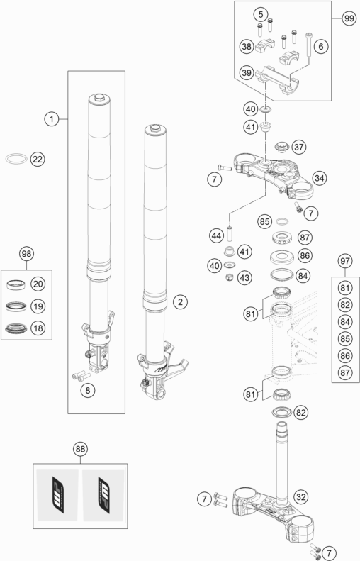 Despiece original completo de Horquilla telescópica, pletina de dirección del modelo de KTM 690 Duke orange del año 2019