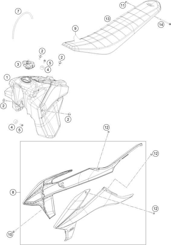 Despiece original completo de Depósito, Asiento del modelo de KTM 350 EXC-F SIX DAYS del año 2023
