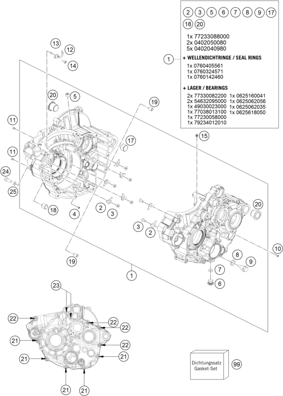 Despiece original completo de Carter Del Motor del modelo de KTM 250 SX-F Troy Lee Designs del año 2021