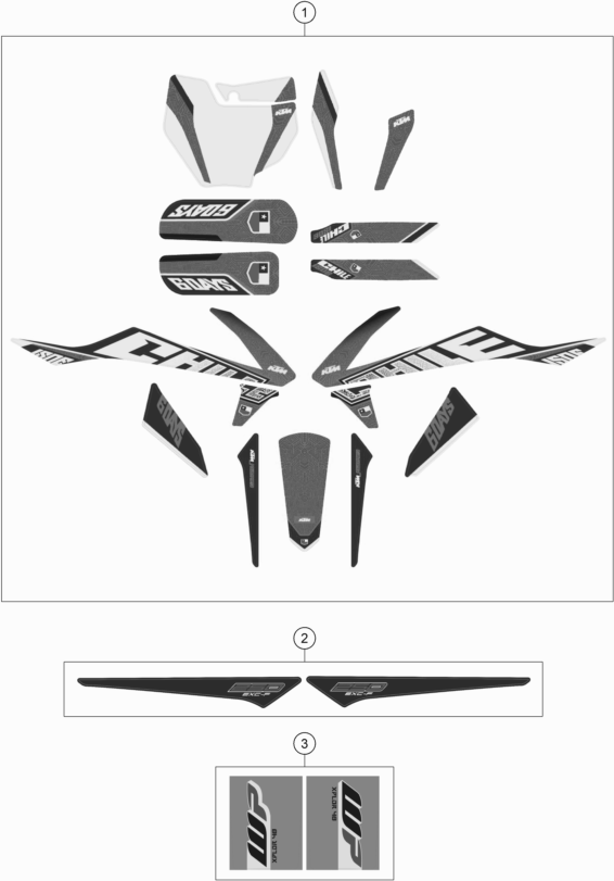 Despiece original completo de Kit gráficos del modelo de KTM 250 EXC-F Six Days del año 2019