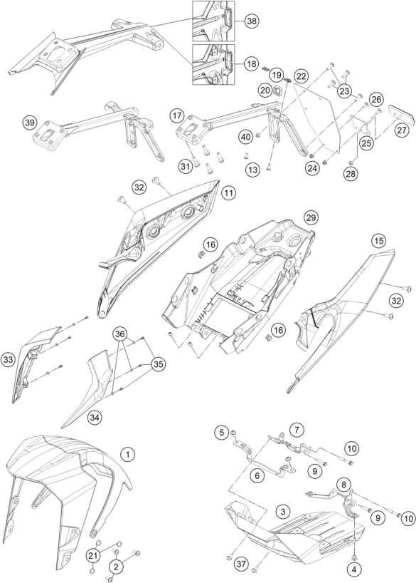 Despiece original completo de Máscara, guardabarros del modelo de KTM 390 Duke orange del año 2019