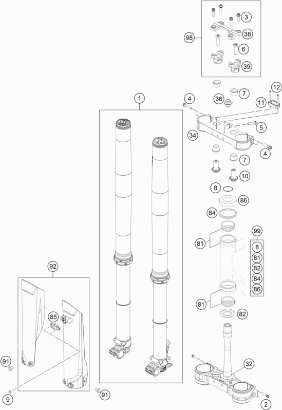 Despiece original completo de Horquilla Telescópica, Pletina De Dirección del modelo de KTM 125 SX del año 2022