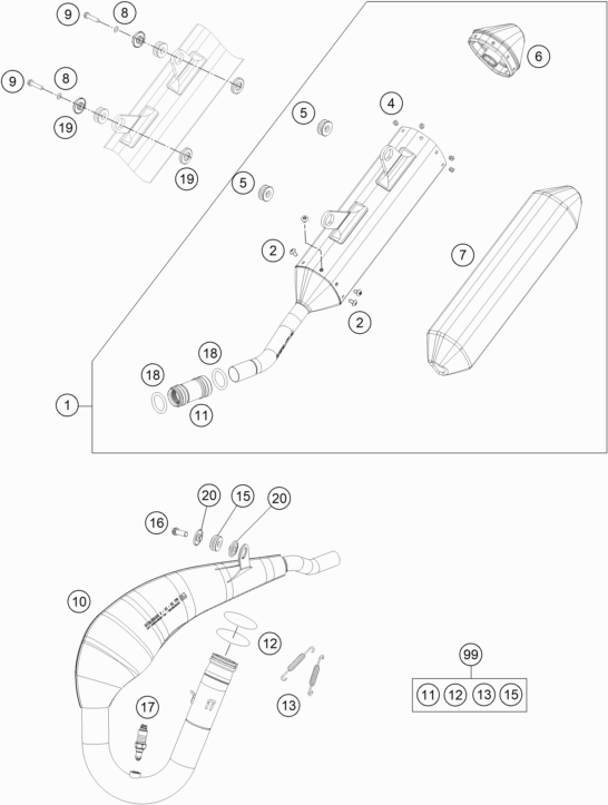 Despiece original completo de Sistema De Escape del modelo de KTM 150 EXC del año 2023