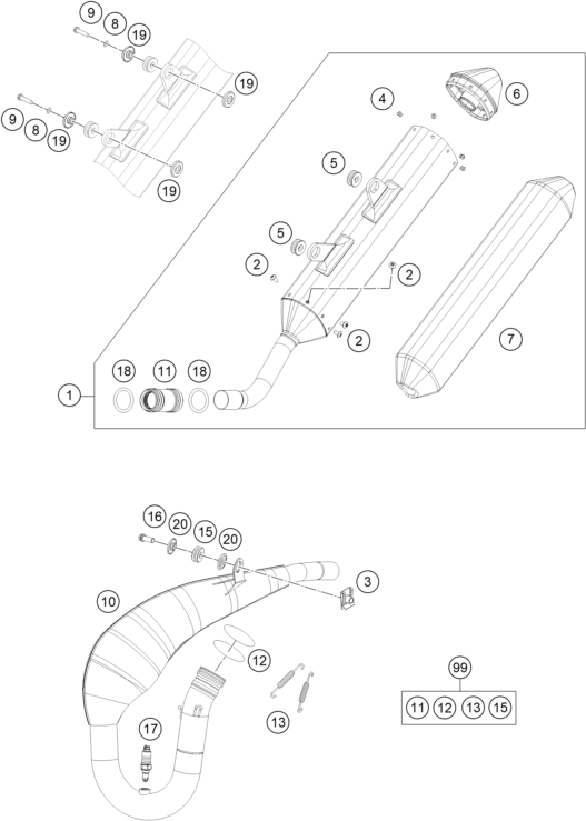 Despiece original completo de Sistema de escape del modelo de KTM 250 EXC Six Days TPI del año 2020