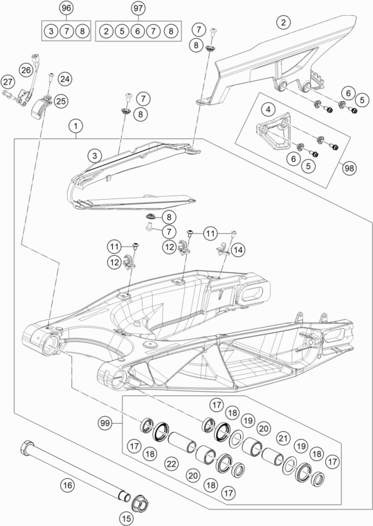 Despiece original completo de Basculante del modelo de KTM 1290 Super Adventure S Silver del año 2020