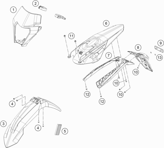 Despiece original completo de Máscara, Guardabarros del modelo de KTM 350 EXC-F FACTORY EDITION del año 2022