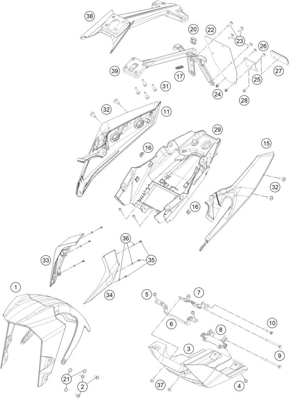 Despiece original completo de Máscara, Guardabarros del modelo de KTM 125 Duke White del año 2020