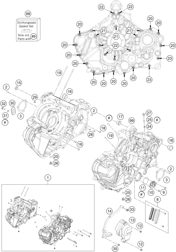 Despiece original completo de Carter Del Motor del modelo de KTM 1290 SUPER ADVENTURE S, orange del año 2022