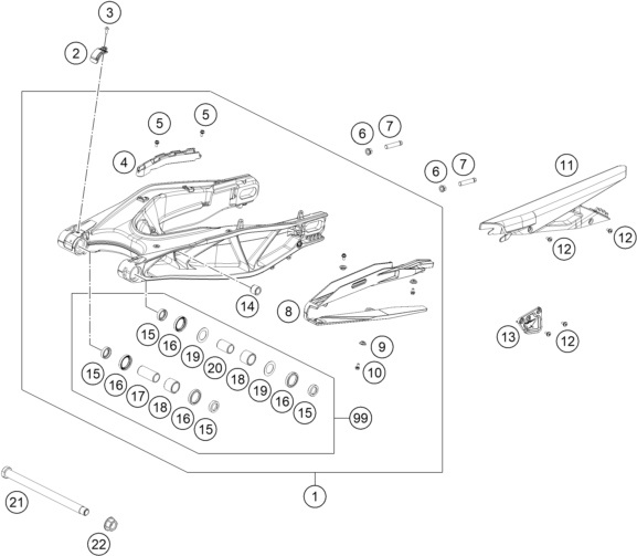 Despiece original completo de Basculante del modelo de KTM 1290 SUPER ADVENTURE S ORANGE del año 2023