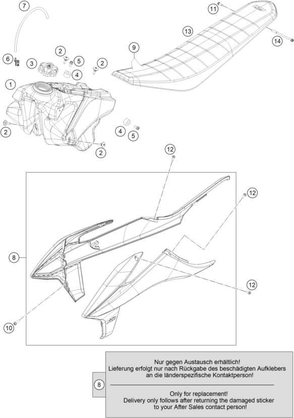 Despiece original completo de Depósito, Asiento del modelo de KTM 250 SX-F Troy Lee Designs del año 2021