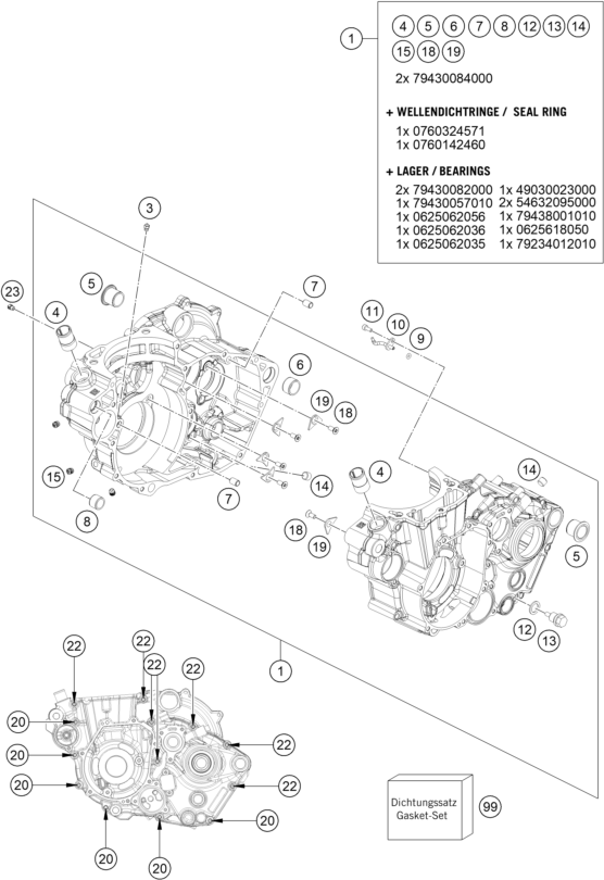 Despiece original completo de Carter Del Motor del modelo de KTM 500 EXC-F SIX DAYS del año 2022