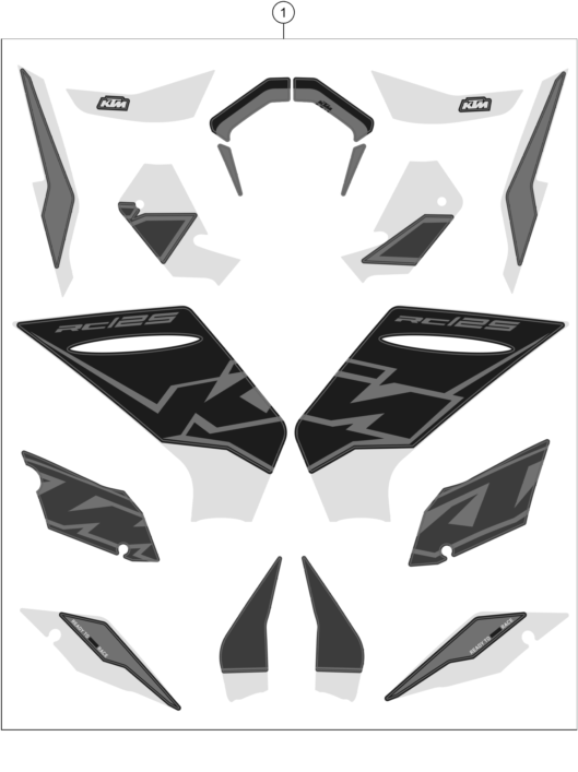 Despiece original completo de Kit Gráficos del modelo de KTM RC 125, black del año 2022