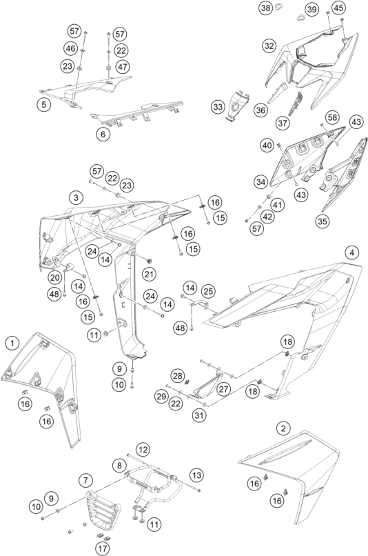 Despiece original completo de Carenado Lateral del modelo de KTM RC 125 WHITE del año 2023