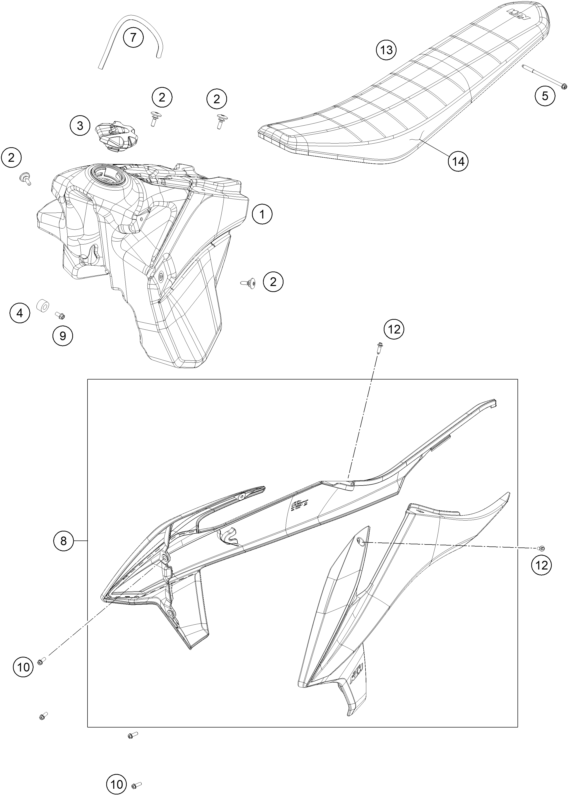 Despiece original completo de Depósito, Asiento del modelo de KTM 300 EXC del año 2023