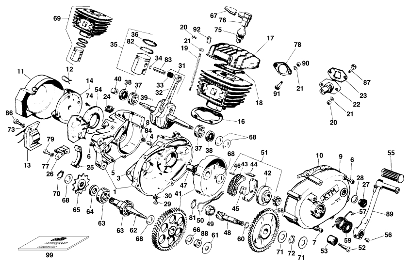 Despiece original completo de Carter del motor del modelo de KTM 50 Mini Adventure del año 2000