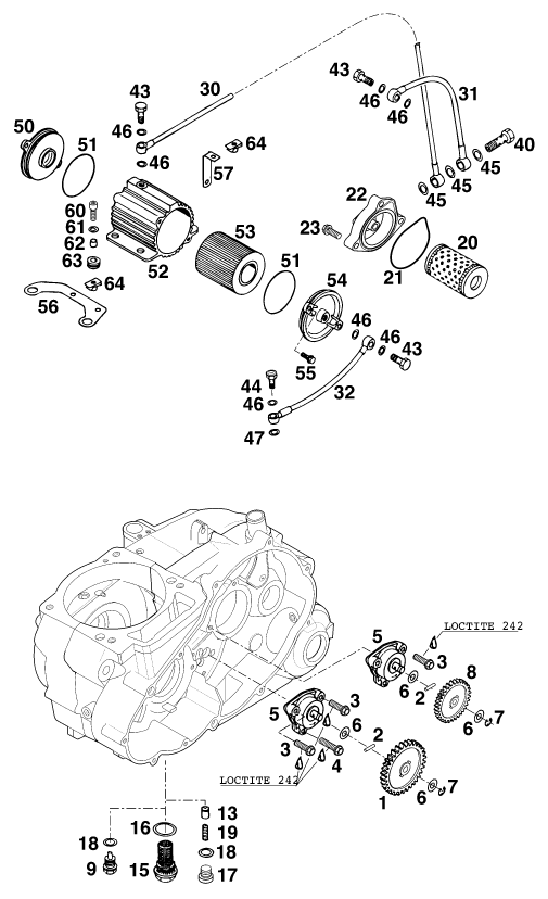 Despiece original completo de Sistema de lubricación del modelo de KTM 620 SC Super-Moto del año 2000