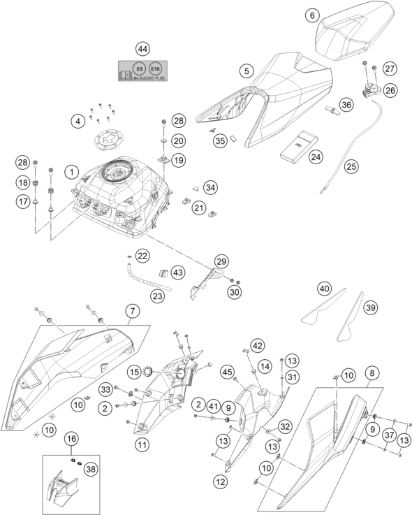 Despiece original completo de Depósito, Asiento del modelo de KTM 390 DUKE BLACK del año 2023